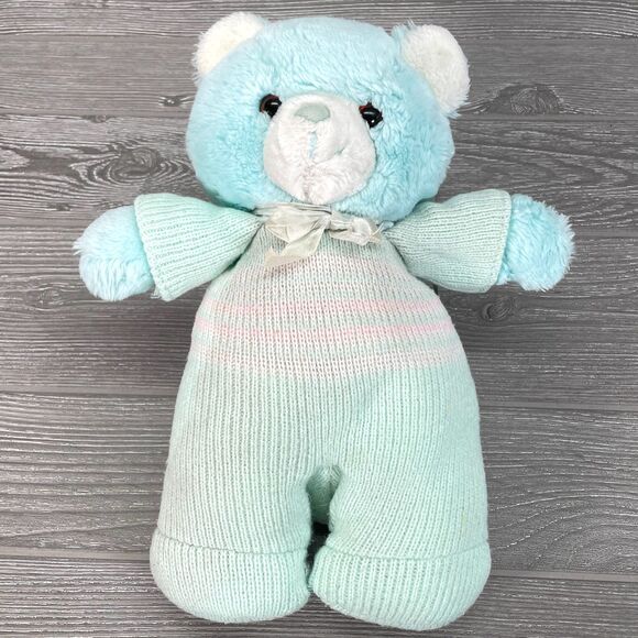Vintage 1987 Applause Blue Cuddle Up Bear Cub Plush Chime Rattle in Knit Sweater - Picture 1 of 9